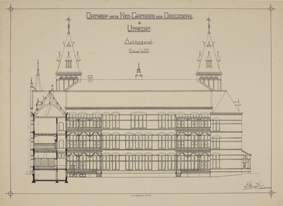 217255 Opstand van de achtergevel van het Ooglijdersgasthuis (F.C. Dondersstraat 49) te Utrecht.N.B. Het adres F.C. ...